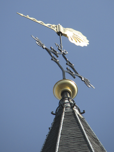 872011 Gezicht op de vergulde windvaan met sint-jacobsschelp, op de torenspits van Jacobikerk (Jacobskerkhof) te ...